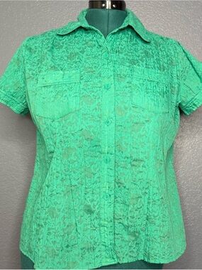 Allison Daley Green Lace Button Down Blouse Textured Short Sleeve Petite 6‎